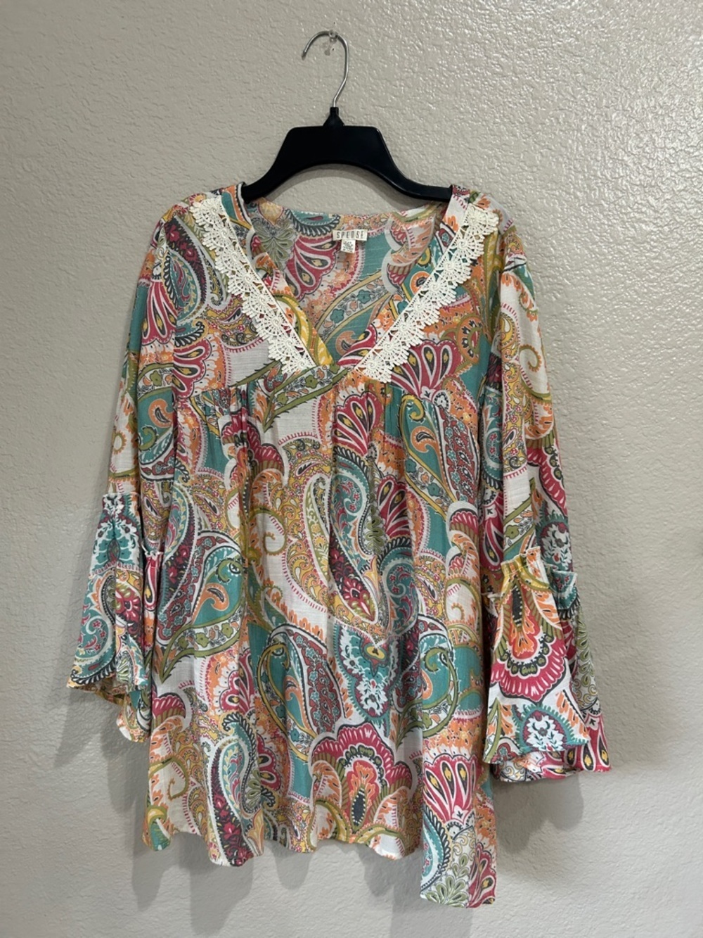 Spense Womens Teal Pink Paisley V-Neck Blouse Sz L Bohemian Hippie Summer TC0177